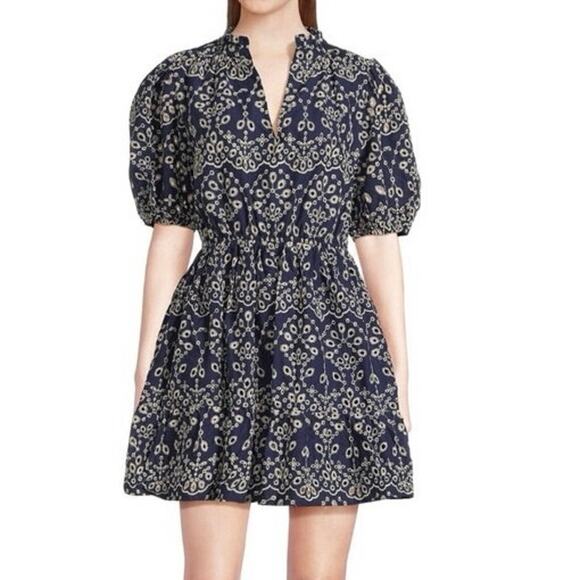 Sugarlips Rosie Eyelet Floral Split V-Neck Mini Dress Navy Blue-White Size M - Picture 1 of 13